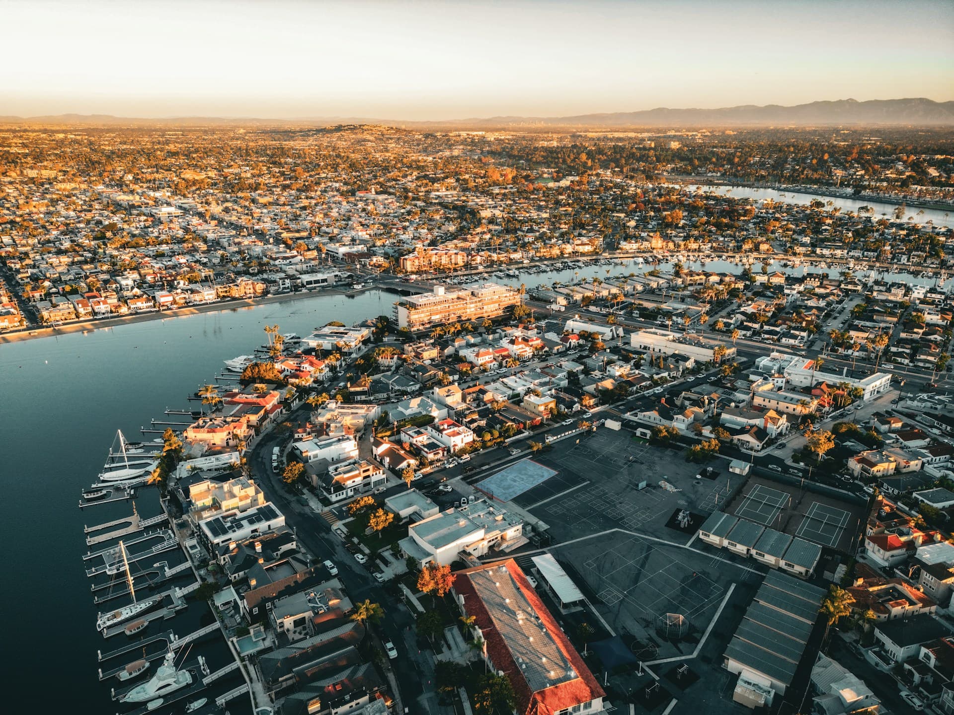 Aerial of Naples Island in Long Beach at golden hour