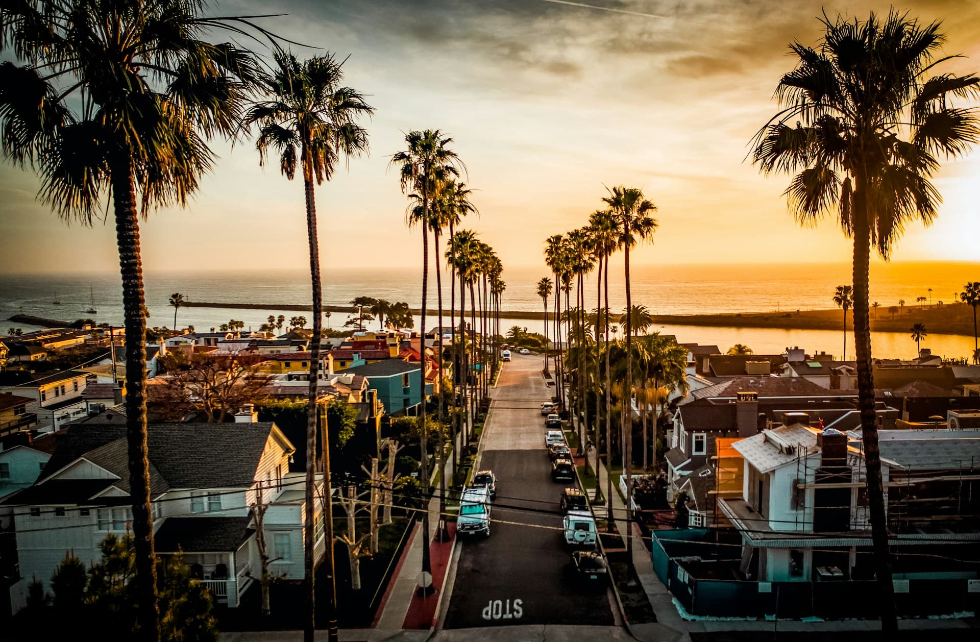 Corona Del Mar palm street with ocean backdrop